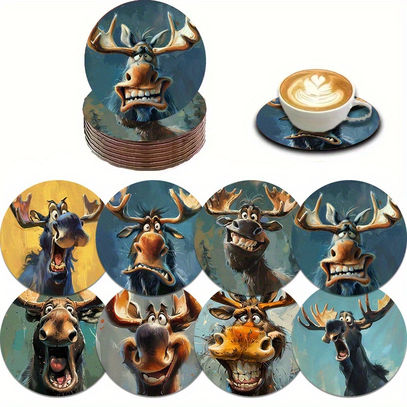 TEMU 8pcs Fun Moose Print Wooden Coaster Set, Car Coasters, Tea Coasters, Coffee And Drink Mug Coasters, Suitable For Home And Dining, Housewarming