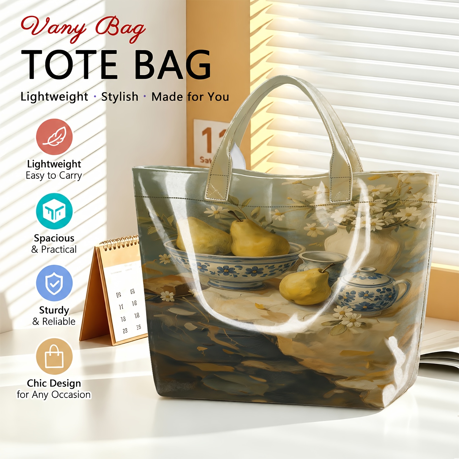 TEMU Large Vintage Oil Painting Tote Bag - Pvc Handbag Suitable For Parties & Travel, Still With Shoulder Straps, Spacious For