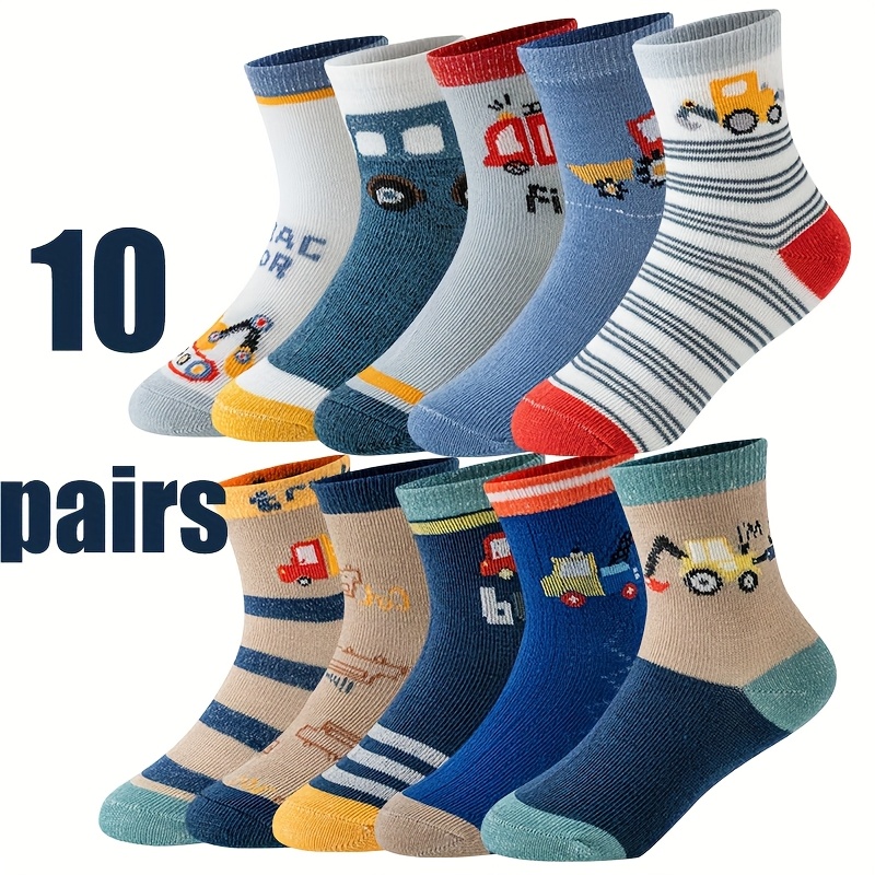 Image of 10 Pairs Boys Children Wearable Car Engineering Truck Cartoon Cute Contrast Striped Mid-calf Socks Autumn Winter Multi-style Random Color Random Style
