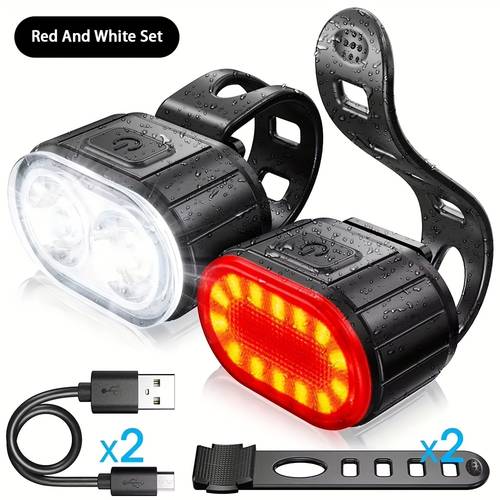 1 2pcs usb charging led bicycle light set front and rear lights with 4 6 bicycle night riding bike front and rear lighting warning flashing riding gear handlebar mounted brake taillight