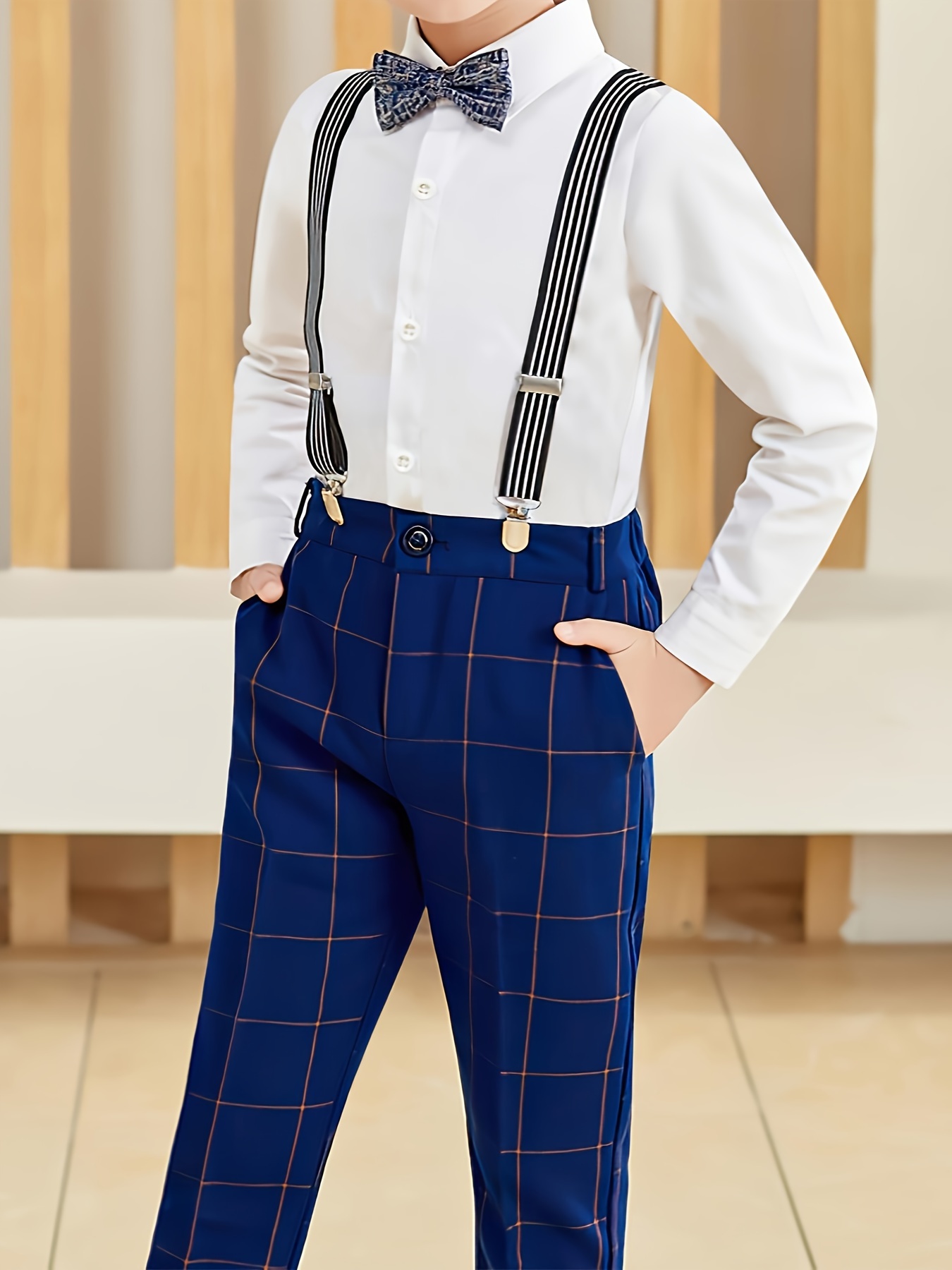 boys long sleeve shirt flower boy outfit suspenders - Temu