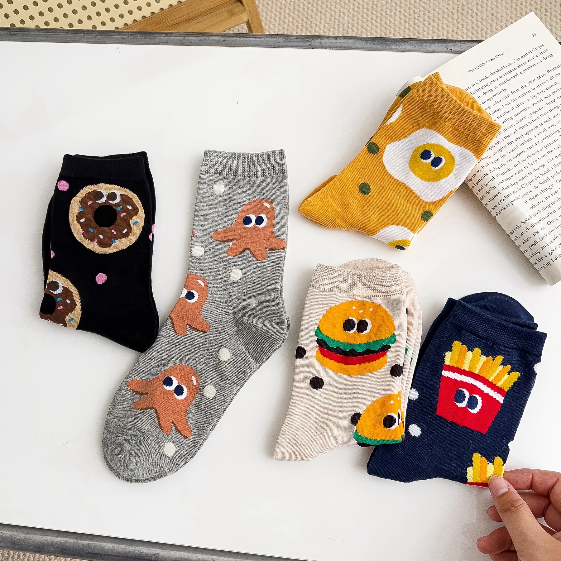 Image of 5 Pairs Of ' Comfortable, Cute, Colorful Cartoon Fries And Hamburger Mid-tube Socks, For Teenager, Fall And Winter Clothes, For Teenager