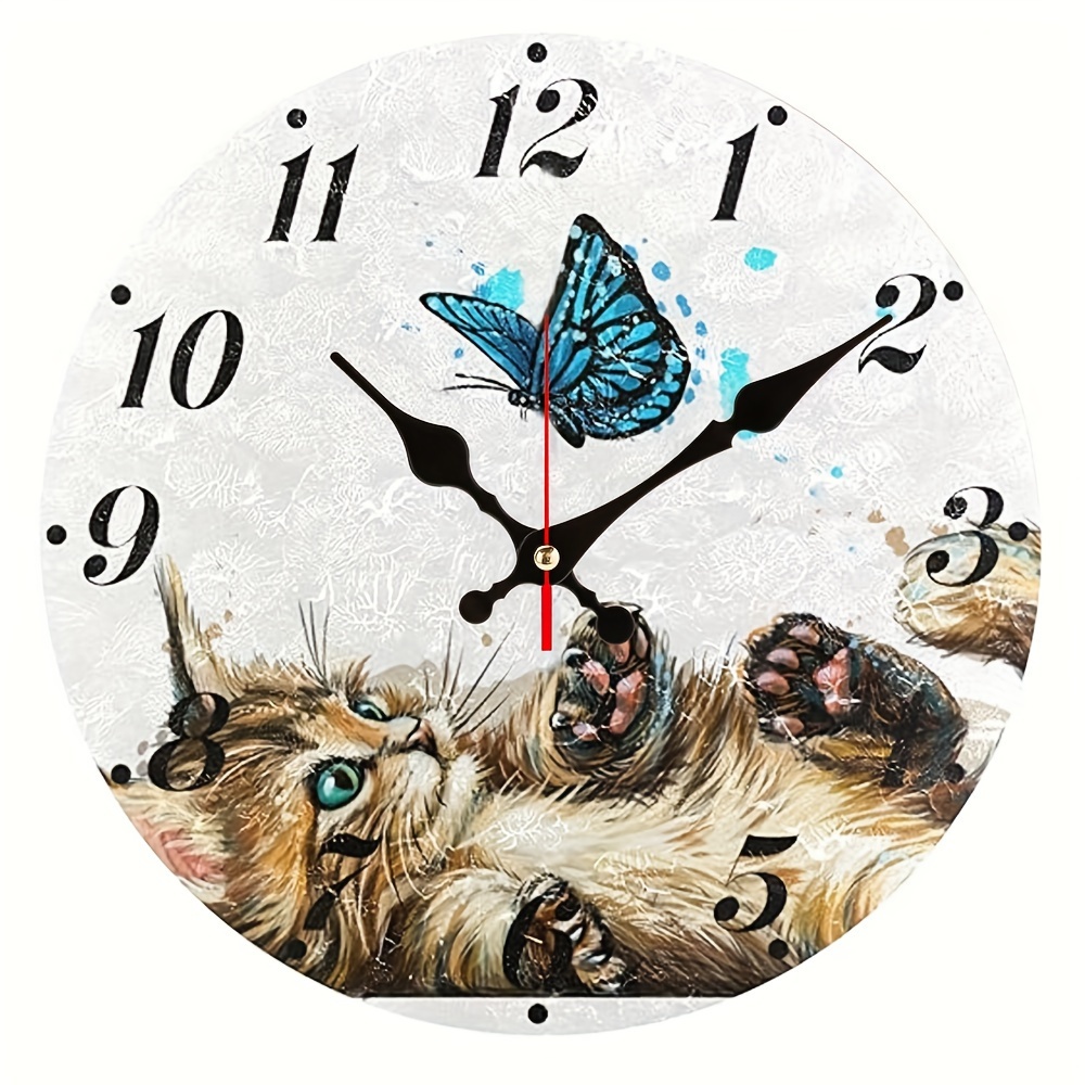 1個 猫と蝶の遊び 壁掛け時計 サイレント カチカチしない丸型壁掛け ...