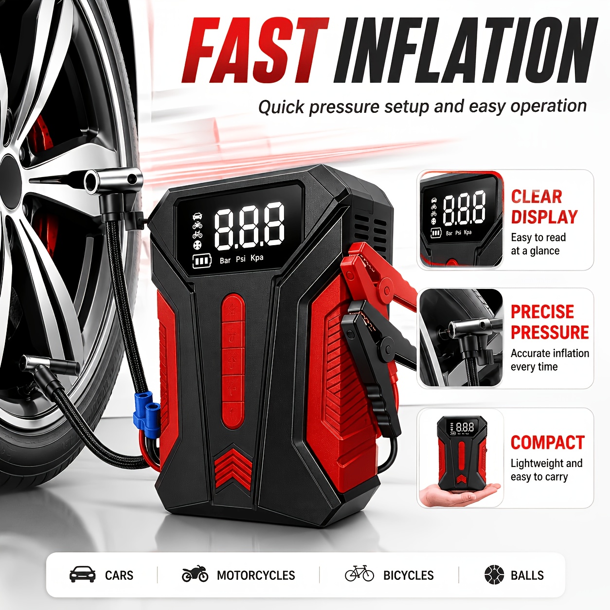 TEMU Car Emergency Jump Starter With Air Compressor, 12v Car Battery Charger, 150psi Digital Tire Inflator, Ideal For Emergency Starting Of Cars,