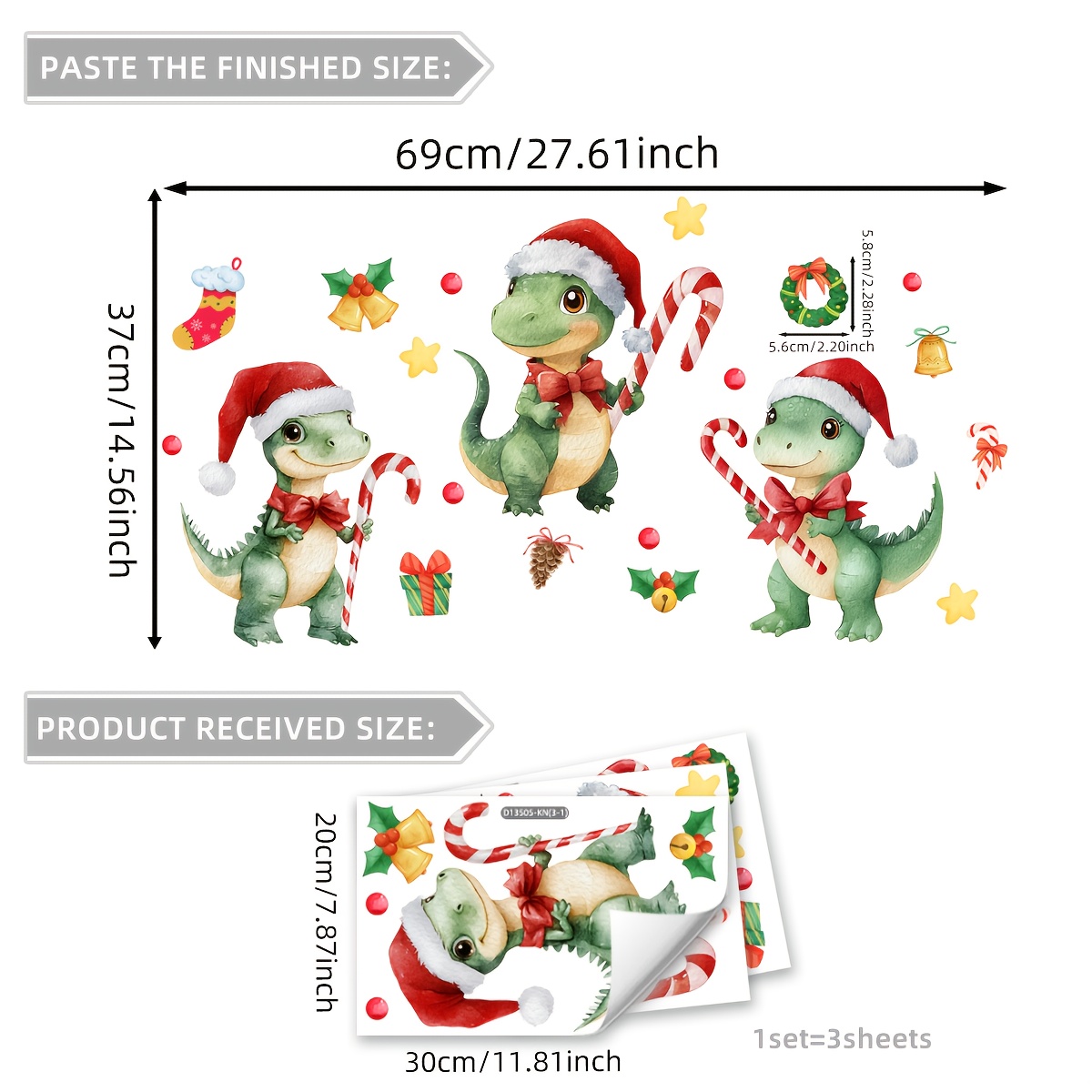Image of A Set Of 3 (20*30cm*3pcs) Electrostatic Adsorption Christmas Dinosaur Holiday Decoration Stickers Living Room Bedroom Window Stickers D13505