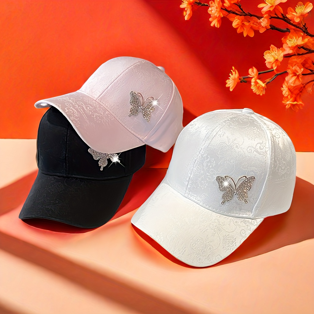 

Embroidered Lace Pattern Baseball Cap With Rhinestone Butterfly, Women's Spring/summer Sunshade Peaked Hat, Adjustable Sport Cap For Outdoor Activities