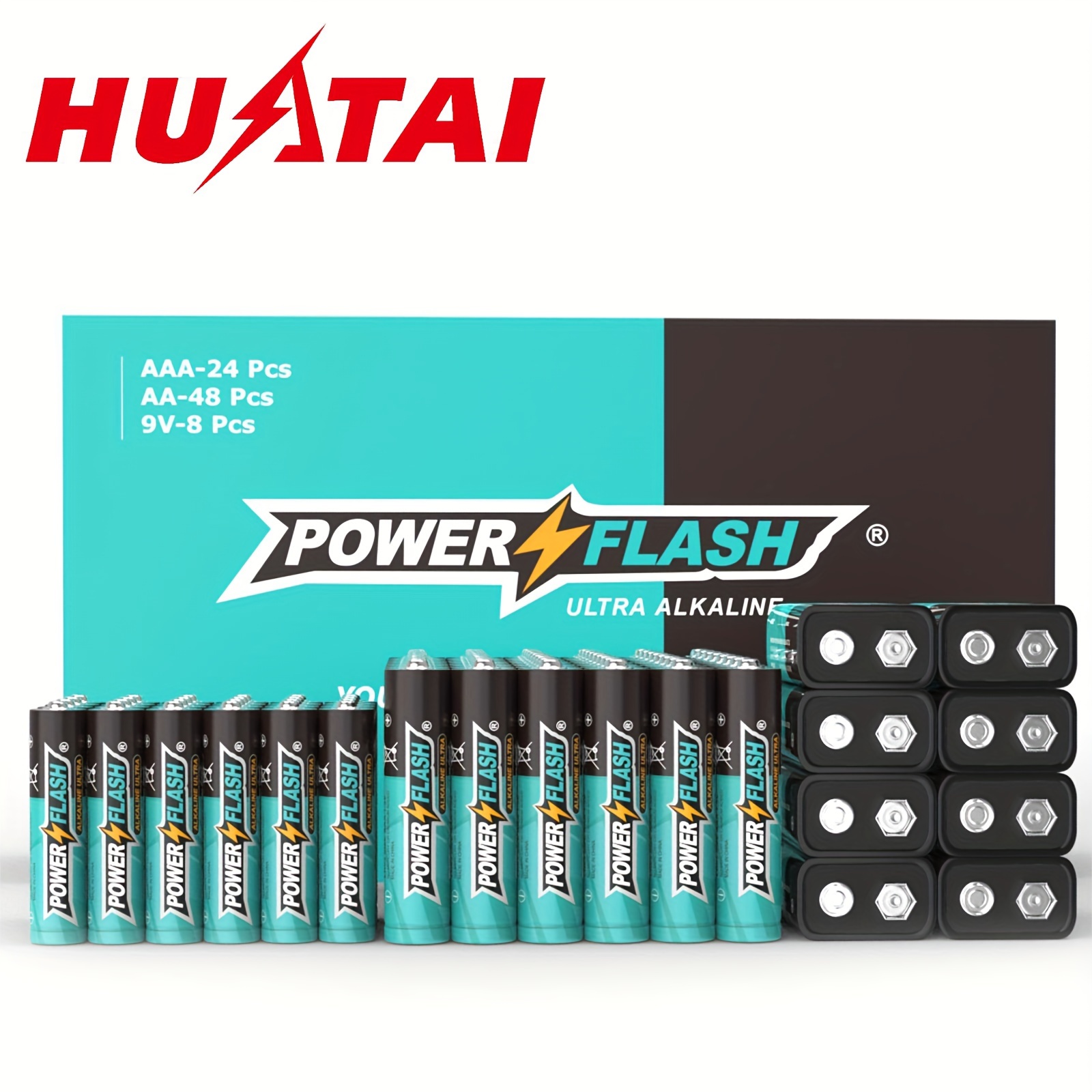 

Huatai Powerflash Alkaline Long-lasting Batteries, Value Pack, Set Of 24 Aaa And 48 Aa And 8 Pcs 9v Batteries For Various Household Device