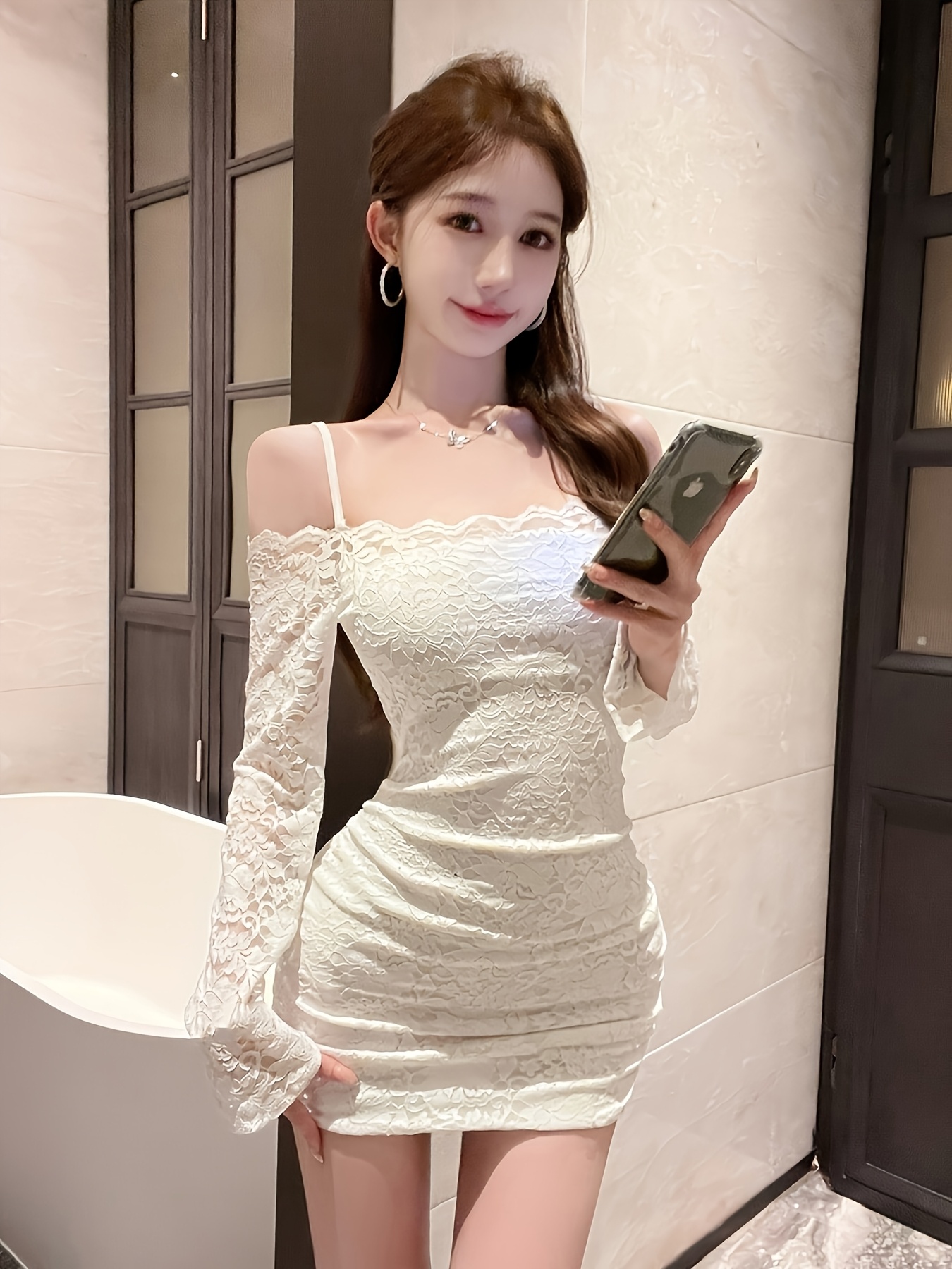 elegant floral lace long sleeve fit womens mini bodycon - Temu