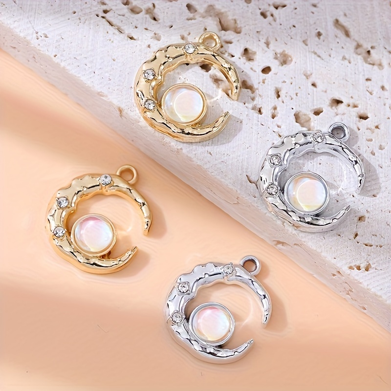 

6pcs Golden Crystal Opal Moon Charm With Imitation Peart Bead For Earrings Jewelry Making Necklace Diy Accessories For Eid, Ramadan