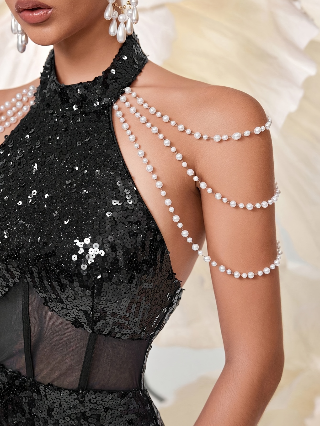 sequined velvet halter pearl chain backless