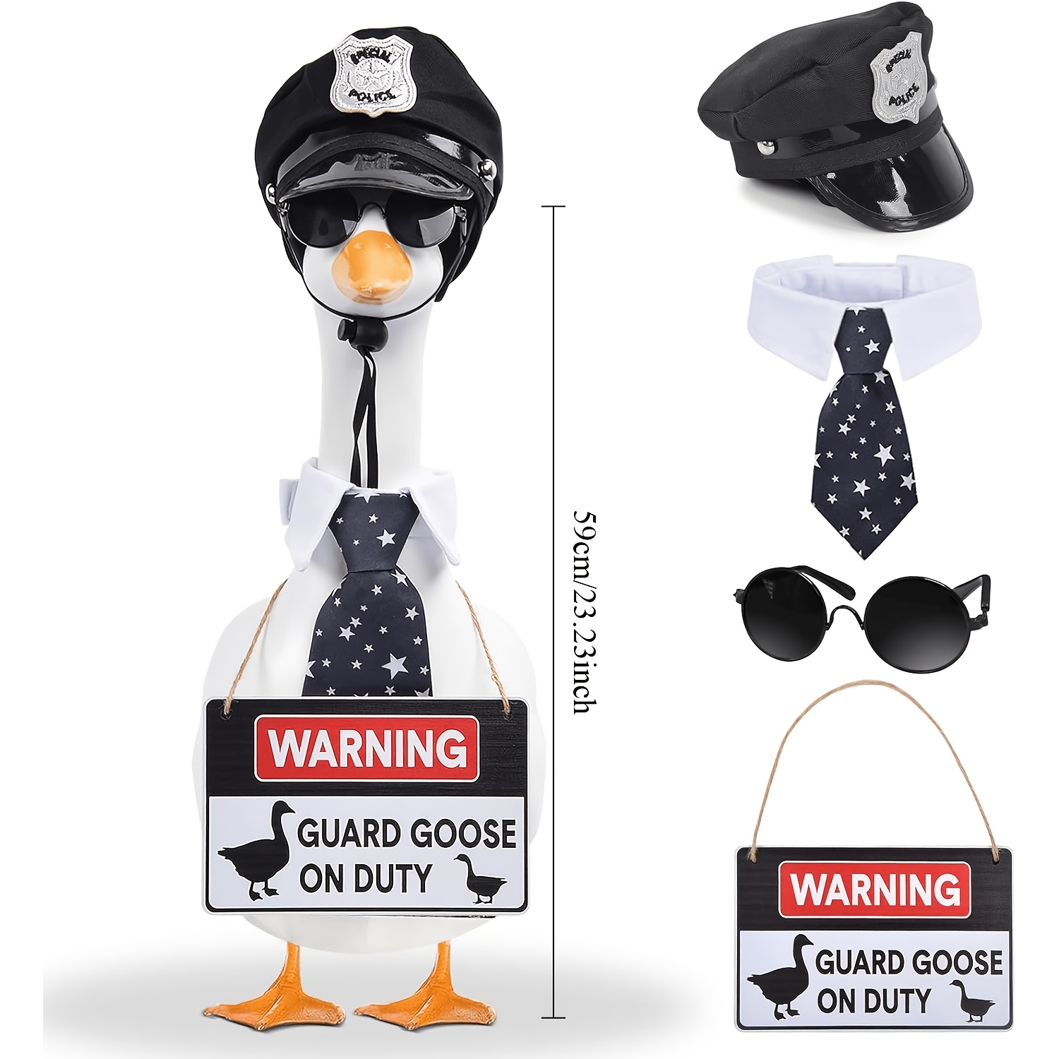 TEMU 4pcs 23-inch Porch Goose Outfit Police Guard Costume With Hat Fashion Glasses Tie Warning Sign, Funny Security Themed Lawn Goose Clothes For