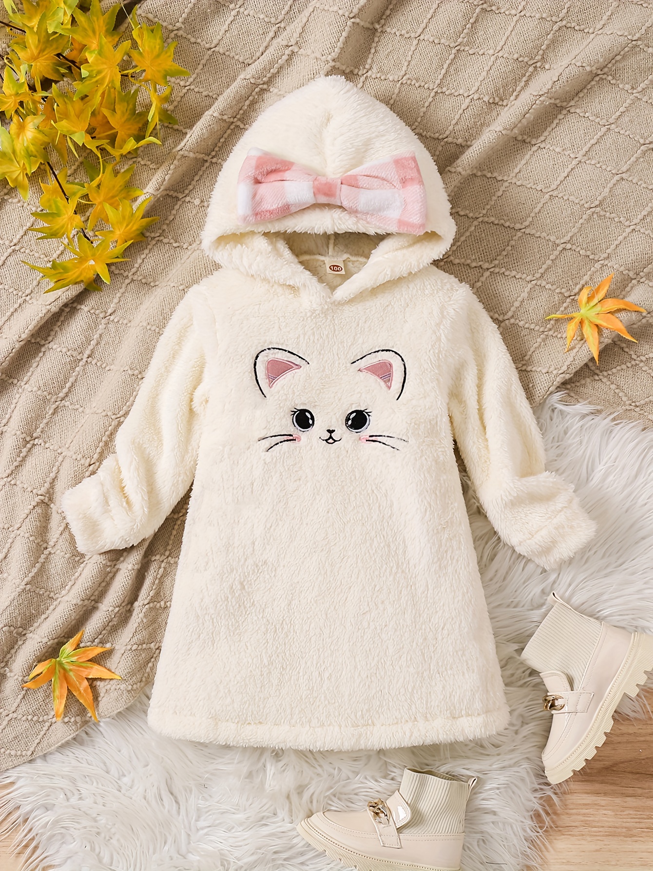 Single Cute Pink * Bow * Embroidery Double-Sided Fleece Long-Sleeved  Outdoor Scene Wearing Dress