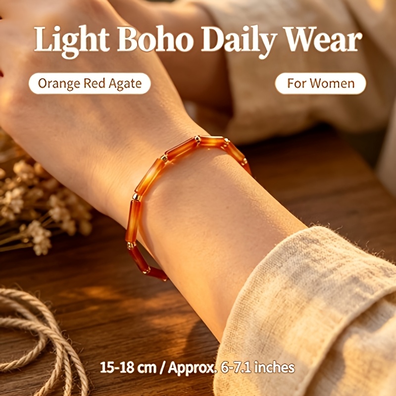 Natural Orange-Red Agate Bohemian Style Stretch Bracelet