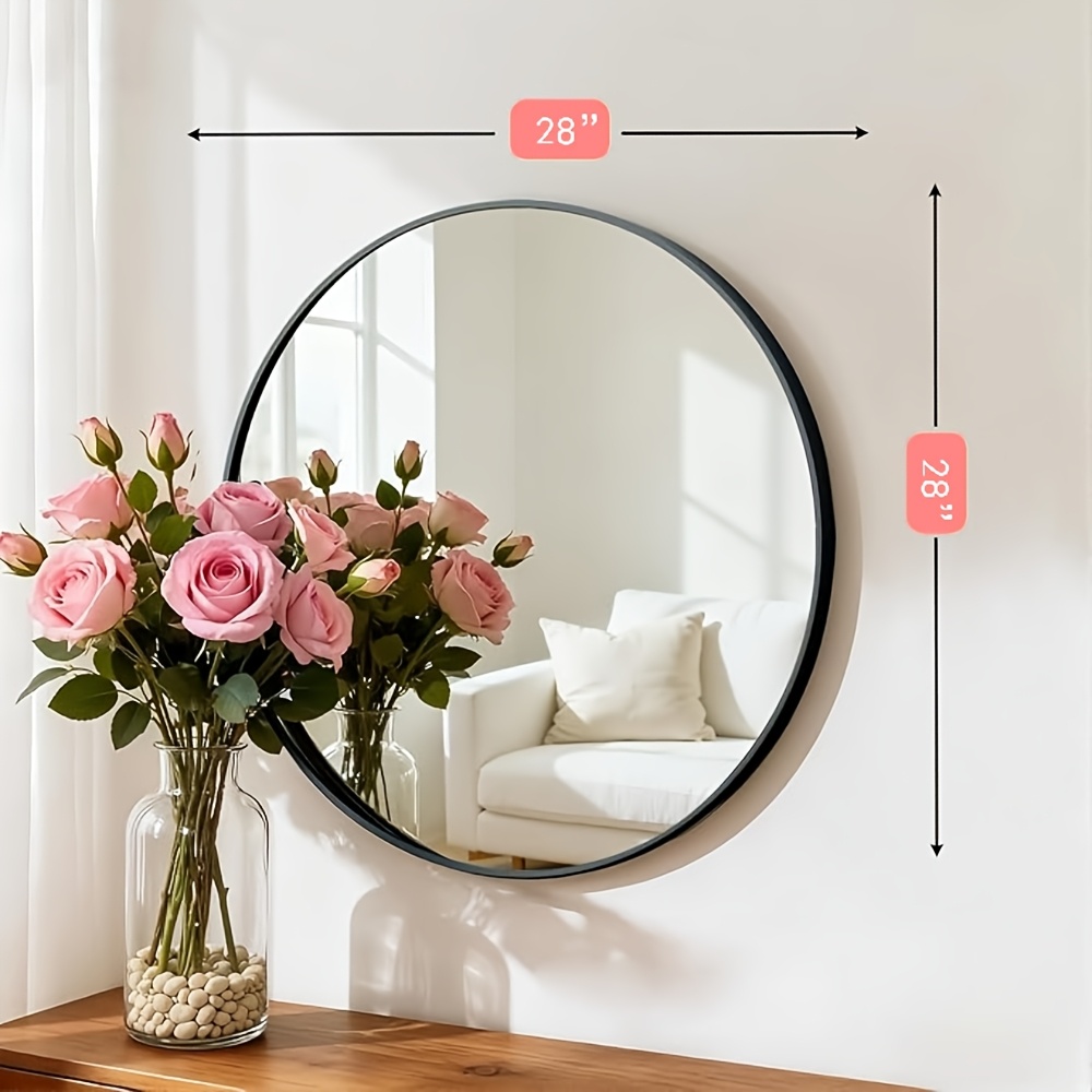 TEMU 28-inch Round Mirror With Metal Frame, Modern Rust-proof Wall-mounted Or Freestanding Vanity Mirror, Suitable For Bathrooms, Bedrooms, Living