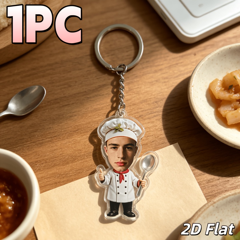 TEMU 2d Flat, 2dflat Personalized Custom Acrylic Keychain, Customizable With Photos, Personalized Cartoon Portrait Keychain, Chef-shaped Keychain,