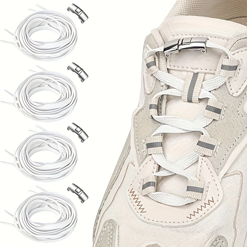 Elastic Shoelaces Without Tying, 4 Pairs Of Quick Fastening Elastic Shoelaces With Metal Fastener, Quick Lacing System, With Capsules For Trainers, Running Shoes, Sports Shoes (white)