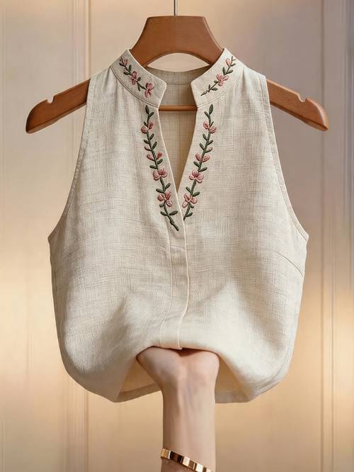 imagen del artículo blusa sin para mujer con cuello y bordado floral, top bordado, elegante , ropa de y para desplazamientos, blusa bonita, casual, camisa
