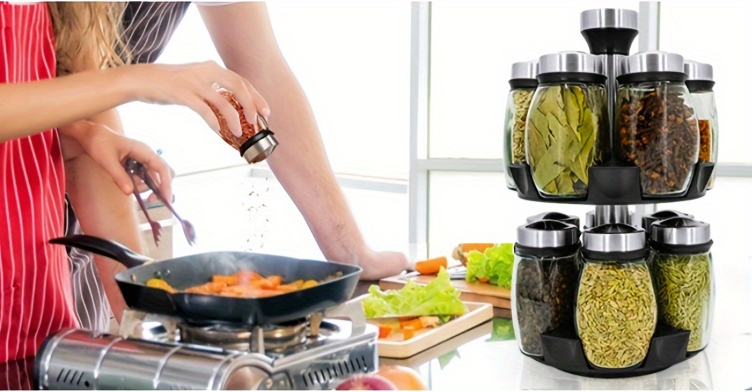 12-Jar Double Deck Rotary Spice Rack Organizer, Glass Countertop Spice Holder with Step Shelf, Reusable Labels & Funnels, Multifunctional Kitchen Spice Storage System