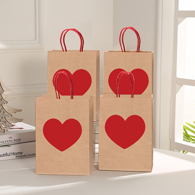 

Lot de 12 sacs cadeaux en kraft avec motif cœur rouge, pour la Saint-Valentin, des mères, Thanksgiving, sacs fourre-tout avec poignées pour fête, mariage