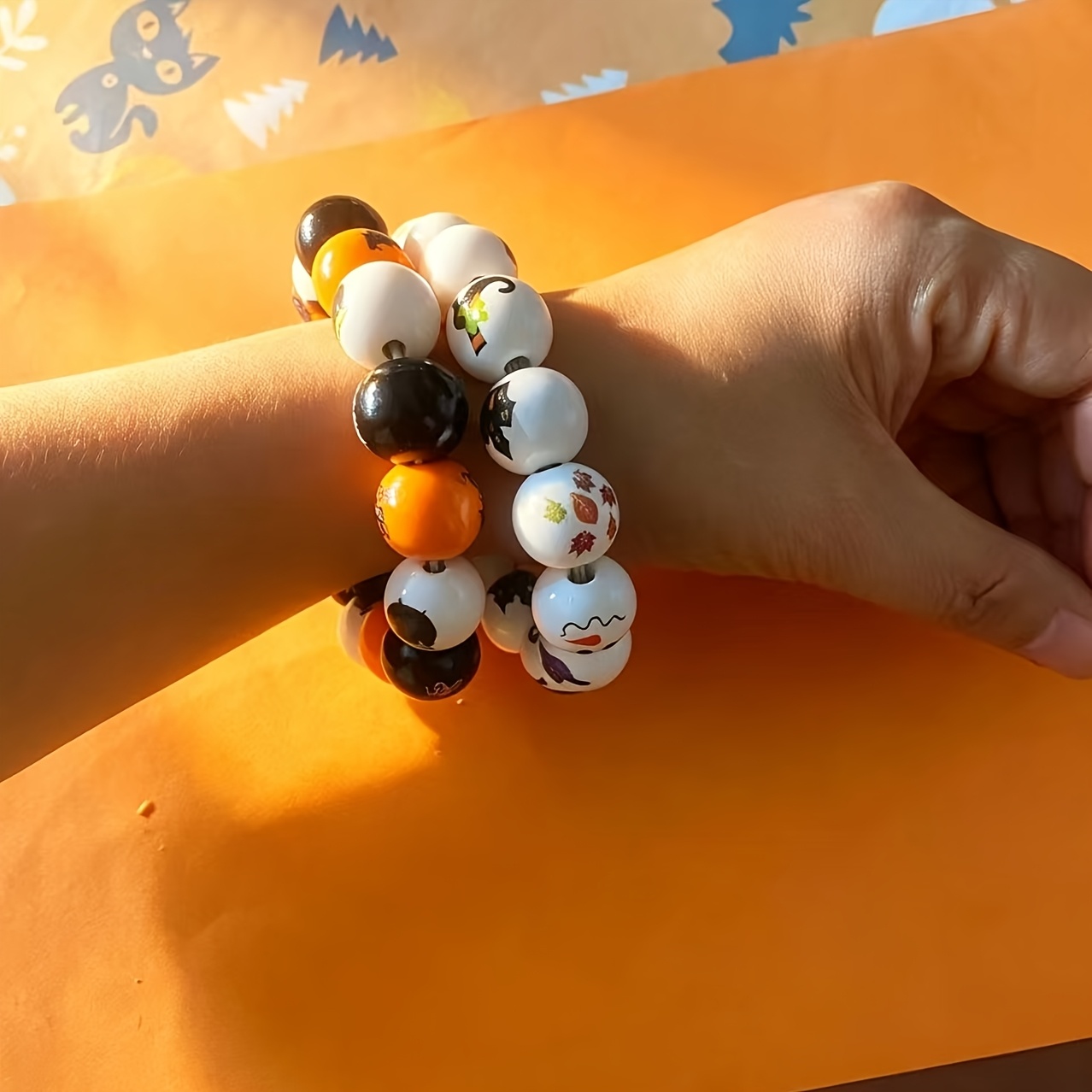 Halloween Wooden Bead Stretch Bracelet with Witch Hat & Pumpkin