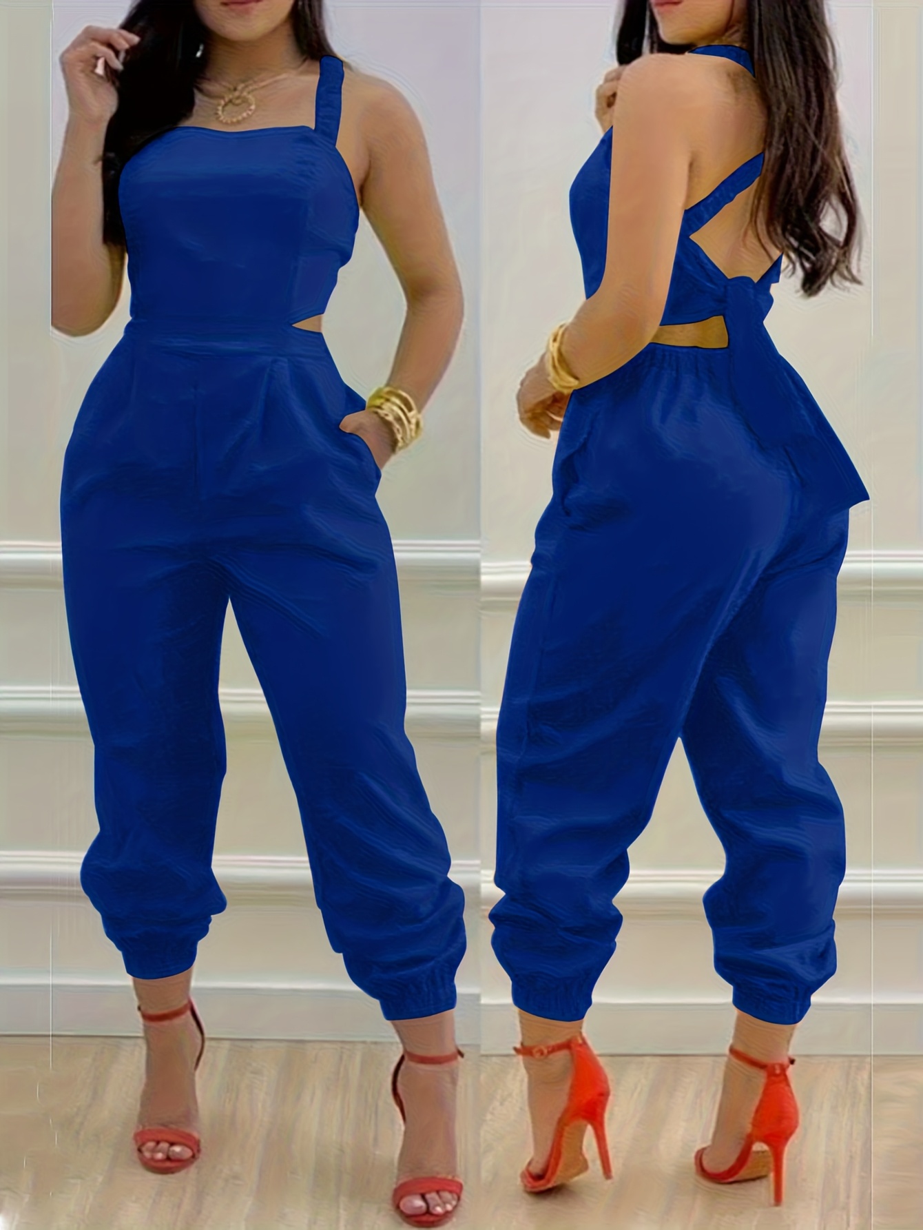 elegant backless cross     sleeveless jumpsuit for women summer solid   neck fashionable and versatile