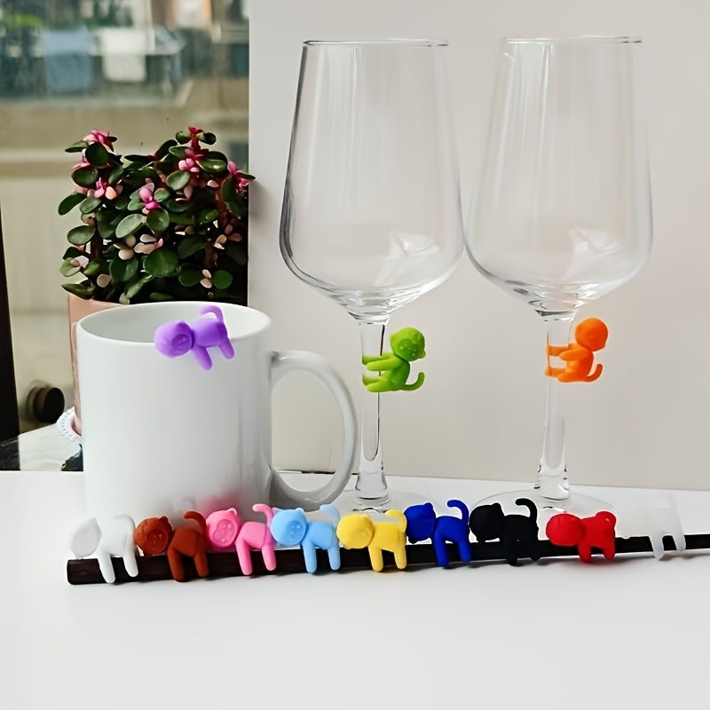 12pcs Monkey Wine Glass identifiers - Cute drinking monkey decorations, Pastel & Vibrant colors (Purple, Green, Orange, Pink, Blue, Black,) - Non-Slip Grip for Parties, Dining, Gifts - Easy-Clean Silicone Cup Tags for Home or Events, Event Decorations, Whimsical Accessories, Reusable Markers, Drink Identifiers, Event Planners