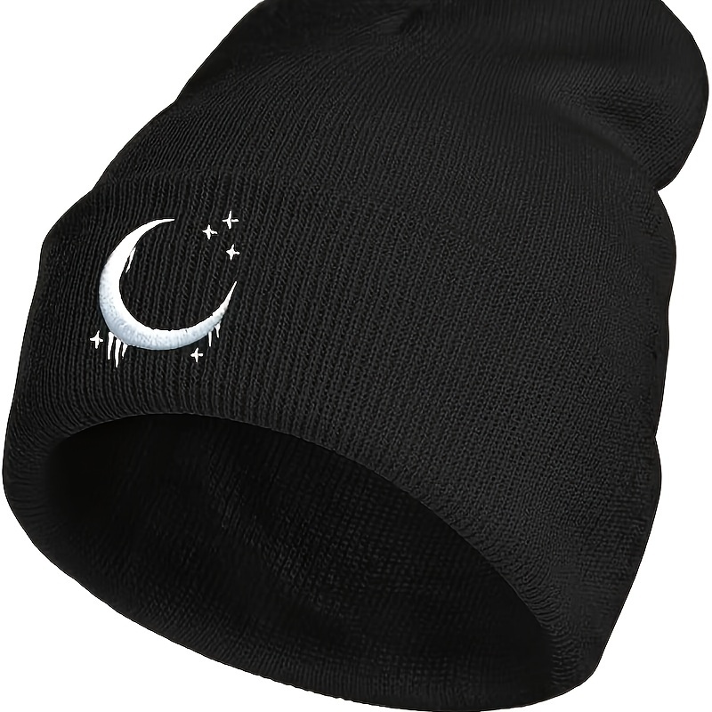 

Sweet Romantic Embroidery Crescent & Stars Beanie Hat, Gothic Black Warm Knitted Skull Cap, For Gifts