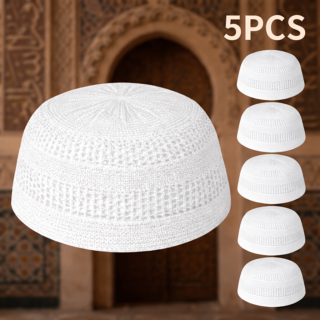 TEMU 5pcs Men's Breathable White Knitted Caps, Openwork Knit Hats, Lightweight Brimless Beanies, Suitable For Daily Use And Ramadan