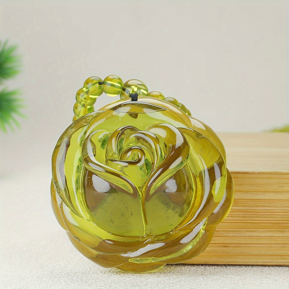 Amber Yellow Rose Carved Pendant Necklace, Boho Style