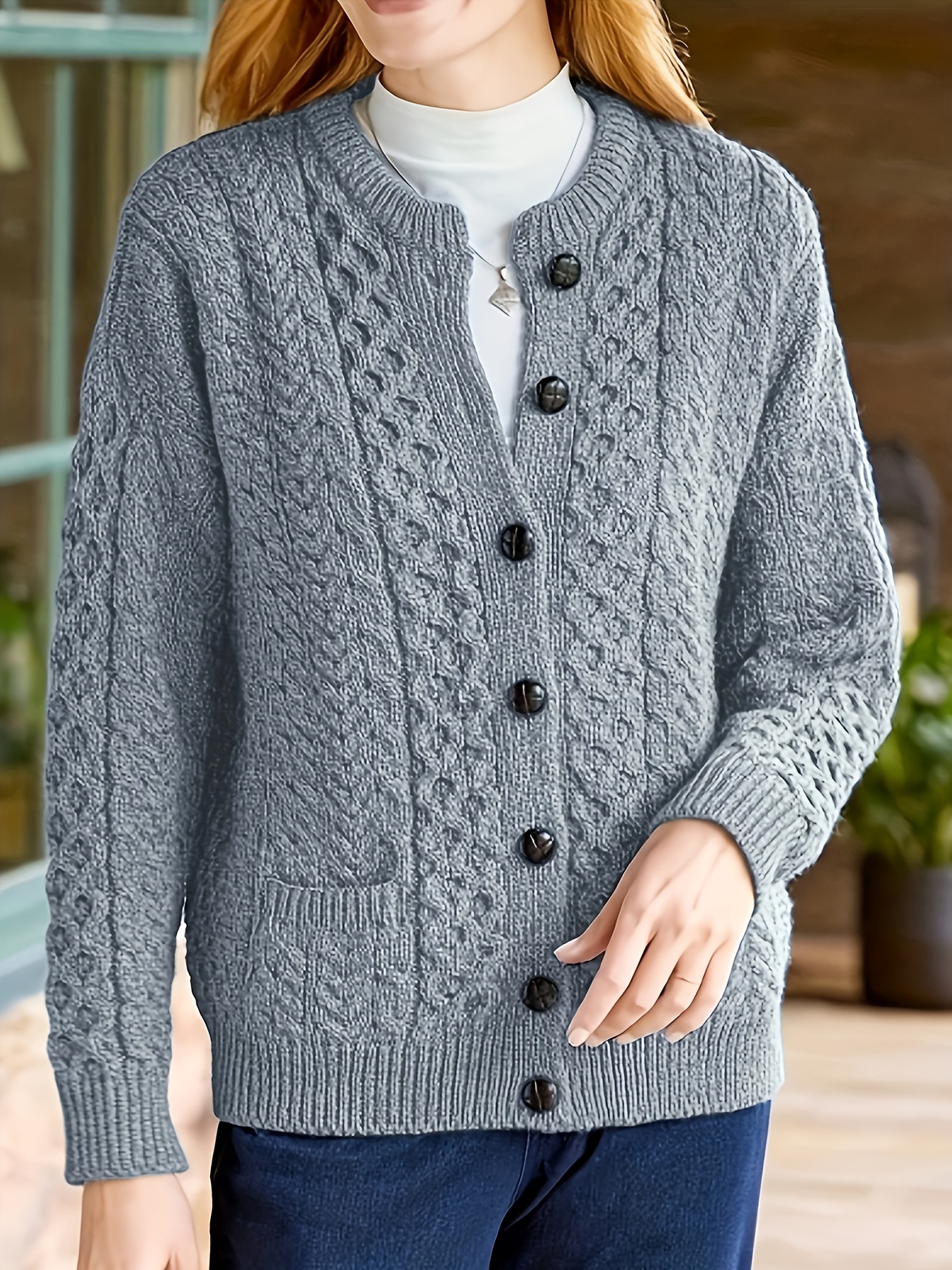 plus size - dames casual cardigan - comfortabele lange mouwen, geometrische patronen, ronde hals, knopdetails, perfect voor herfst/winter, herfst garderobe | casual fit trui | getextureerde gebreide trui, trui 2