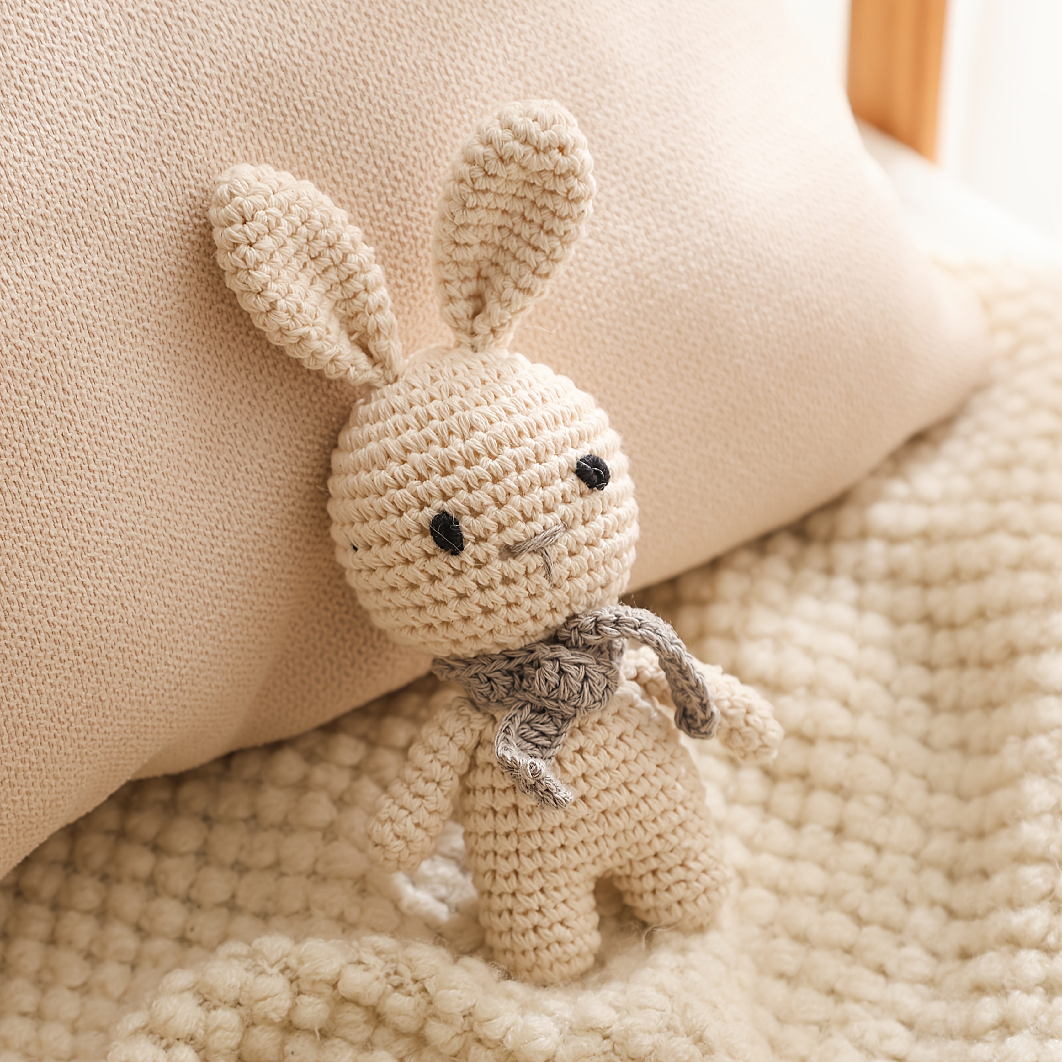 Hand-Knitted Scarf Rabbit Rattle Toy, Soft and Detailed