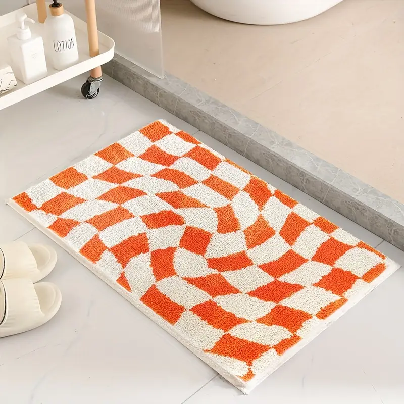 1pc checkered bath rug non slip bath mat machine washable plush polyester bathroom rug with black white geometric pattern 2cm thick durable floor mat for shower sink toilet areas bathroom mat fluffy plush winter decor decoration Product details 2
