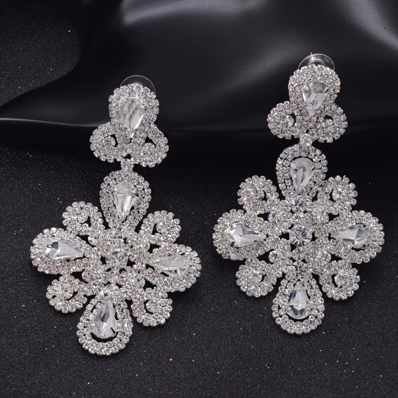 TEMU Une paire de bijoux de mariage de fleur, strass et boucles d'oreilles, pour femme, boucles d'oreilles de mariée, boucles d'oreilles de
