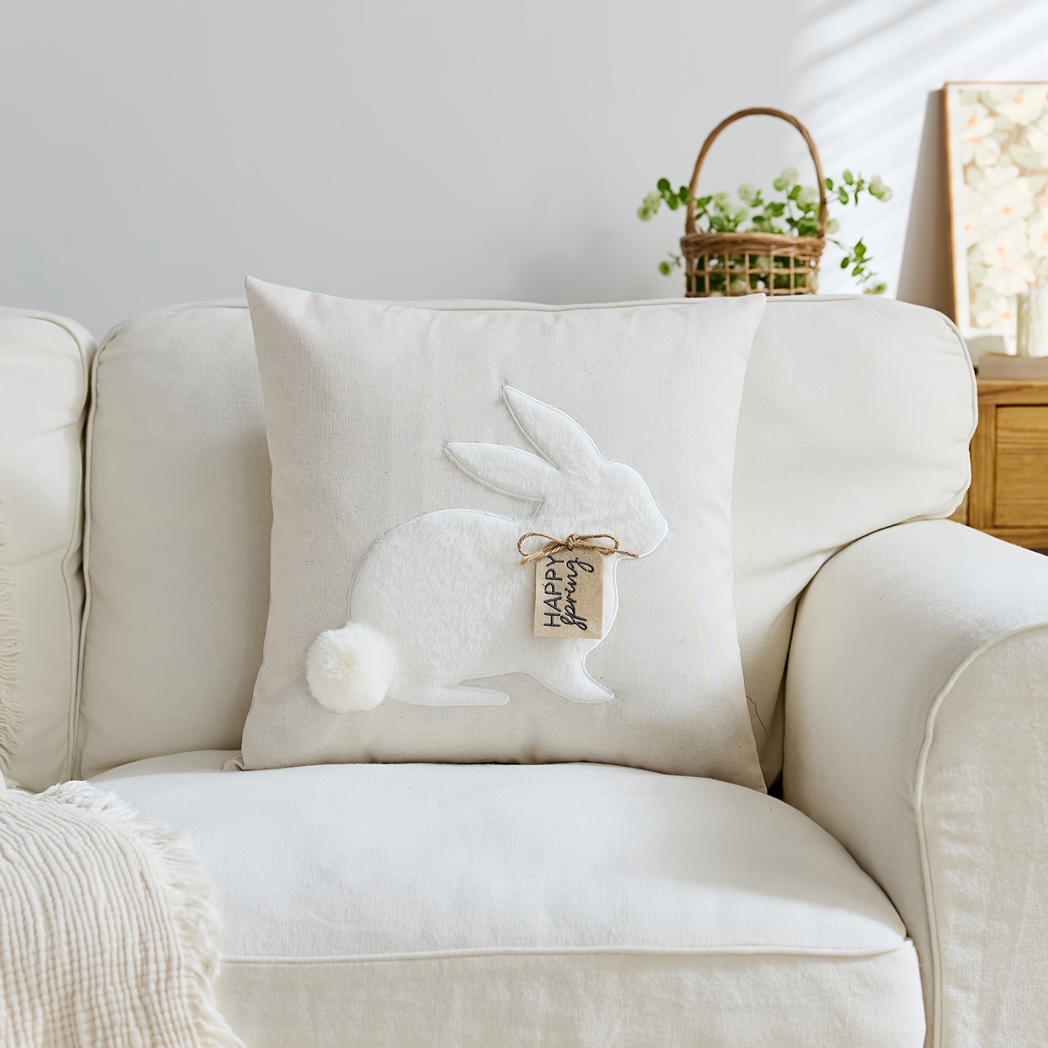 Image of 1pc Easter Bunny Embroidered Pillow Cover | Linen , Single-sided, Spring And Summer, Suitable For Sofa, Living Room, Bedroom Decor, Zipper Closure, Spot-clean, Polyester, Linen