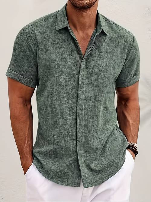 mens double front hemp cardigan short sleeve high quality shirt short sleeve lapel shirt