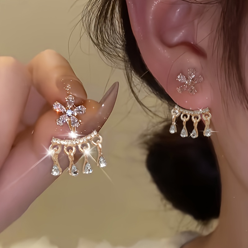 

1 Pair Elegant Dual-wear Flower Earrings With Rhinestones, Zinc Alloy Drop Dangle Ear Accessories For , Japanese And Korean Style