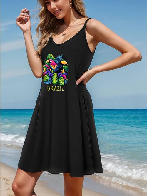 womens tropical brazilian parrot floral print sleeveless dress lightweight stretchy casual elegant black dress with round neck machine washable spring summer beach vacation outfit tropical dress summer outfit vibrant design comfortable wear
