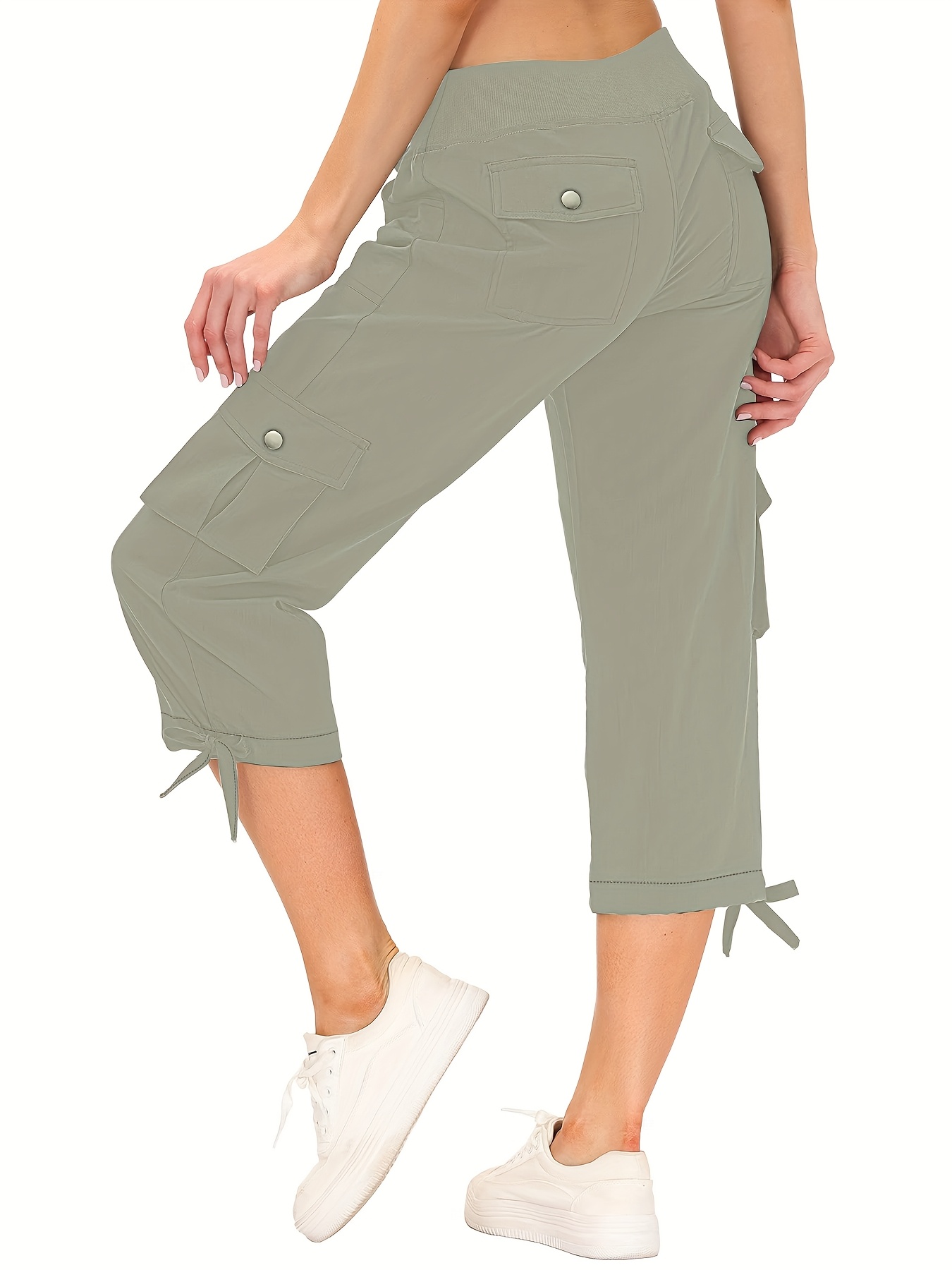 Women'S Lightweight Cargo Capri Pants Loose Fit, Drawstring Waist,  Multiple Pockets, Olive Green, Casual Outdoor Hiking Travel Pants for