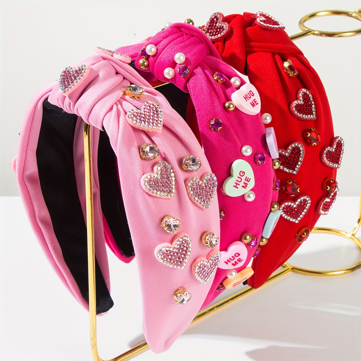 

Valentine's Day Sparkle: Elegant Wide-brimmed Headbands With Hearts & "" Love Patches - Knotted Fabric Hair Accessories For Women, Dress-up & Celebrations, Valentines Decorations