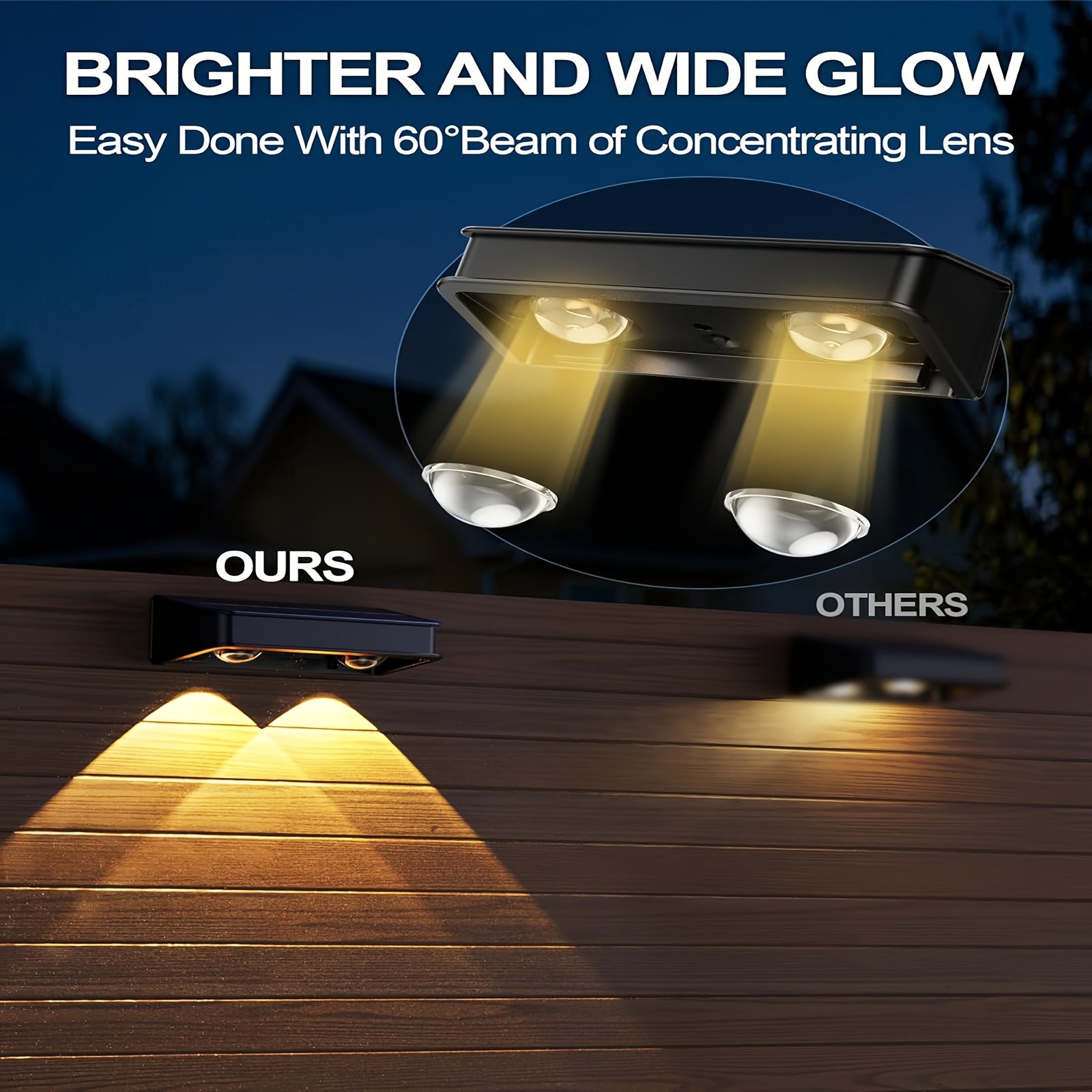 outdoor solar fence lights 4 pack warm   white rgb 7 color solar wall lights solar deck lights for railings walls deck fence porch lights lights street lights patio house and garage Product details 0