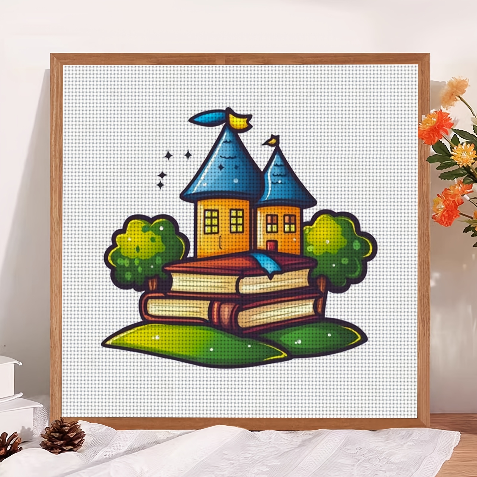 Cross-Stitch Printing Kit, 'Book Stack Castle' Design for Beginners