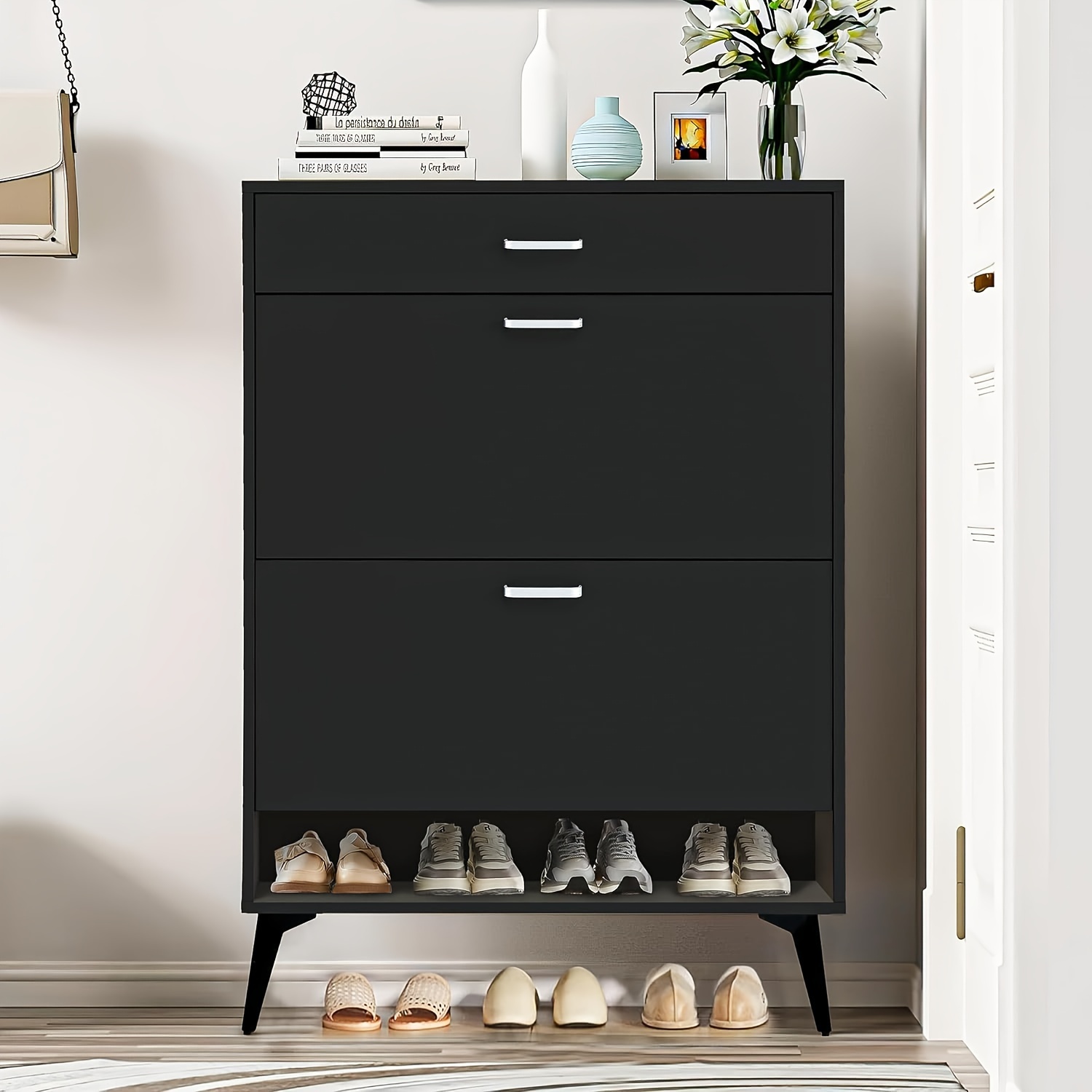

Entrance Shoe Cabinet With 2 Flipped Deep Drawers, 1 Storage Drawer, And An Ultra-thin Hidden Shoe Cabinet With A Bottom Cube. Shoe Rack Cabinet With Metal Brackets And Adjustable Entrance Shelves