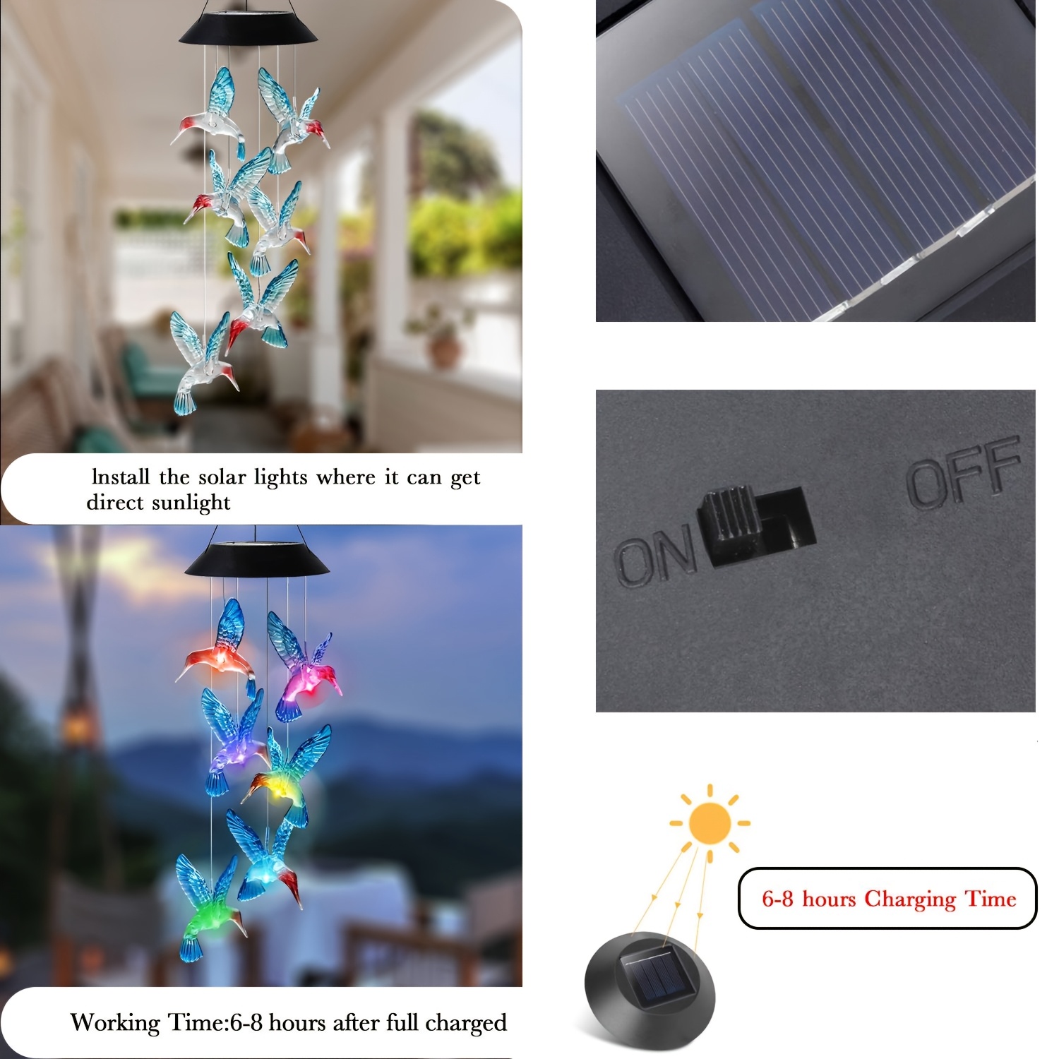 1 pieza de campanillas de viento solares LED con colibrí, luces solares LED que cambian de color, regalos de cumpleaños para mujeres, regalos de jardín para mamá y abuela, campanillas de viento conmemorativas para el Día de la Madre