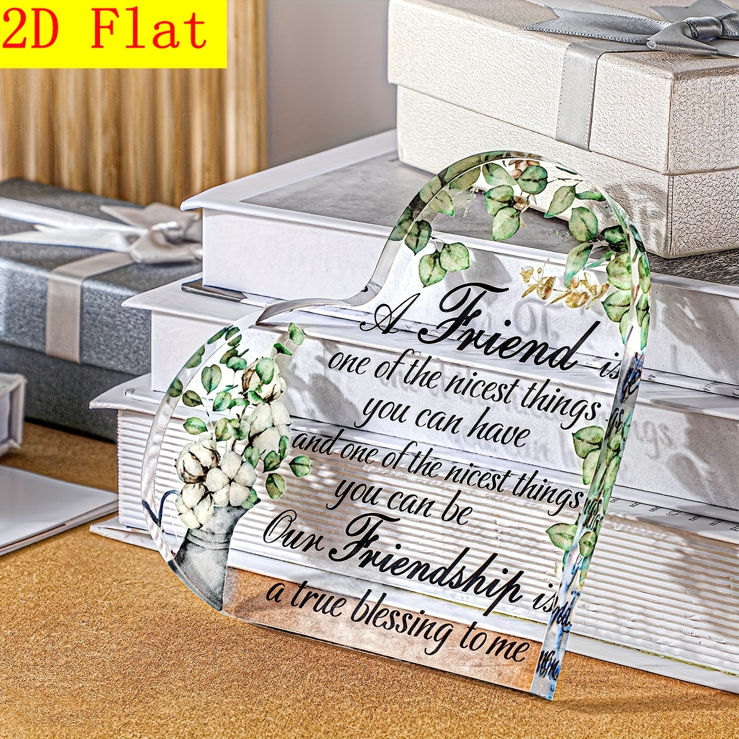 TEMU 2d Flat, 1pc Friendship Gift Acrylic Heart-shaped Keepsake Decorative Plaque, Home & Dormitories Tabletop Decor, Perfect Gift For Sisters Women,