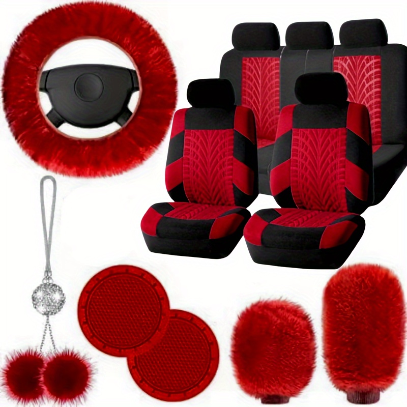 TEMU 15pcs Chic Pink Car Seat Set Steering Wheel Set Plush Hanging Set - Plush And Simple Fit - Perfect For Women's Vehicles