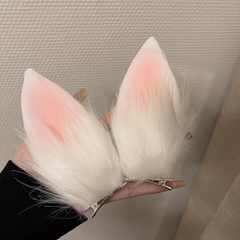 Pink & White Plush Bunny Ears Hair Clips - Soft Fluffy Cat-like or Ears with Pastel Pink & White Furry Tips, Easter Costume for,, Themed Parties (No Glue/Spray Needed)