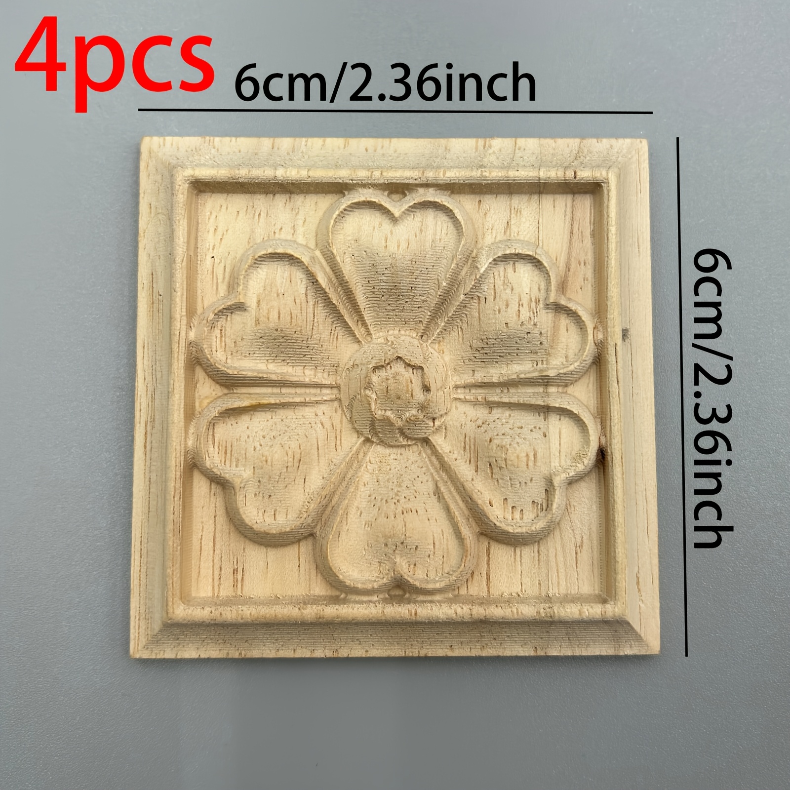 TEMU 4pcs Solid Wood Carved Inlay Wood Veneer Home Decor, Unpainted Wood, Woodworking Supplies, 6cm/2.36inch, 8cm/3.15inch. Suitable For Decorating
