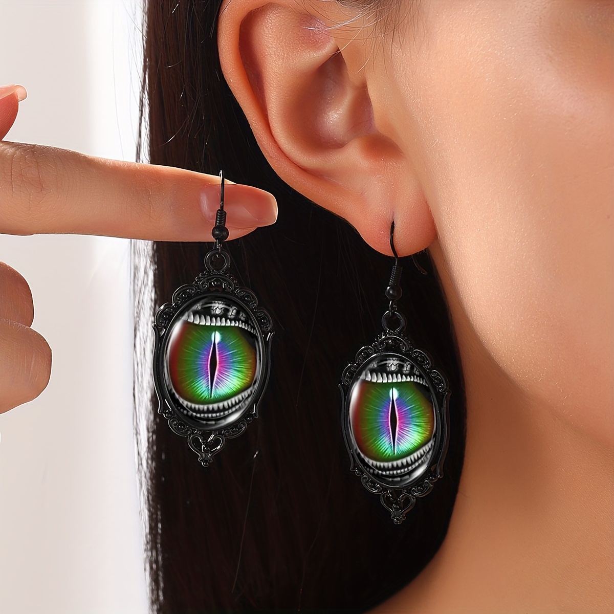 TEMU Vintage Gothic Style Earrings With Green Animal Eye Pattern Glass Dangle For Women, Zinc Alloy Earrings With Iron Ear Needle For Party & Daily Wear
