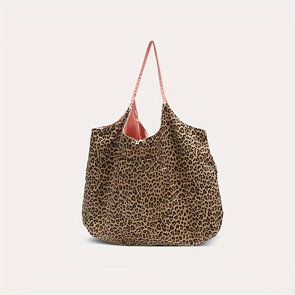 Leopard Print Tote Bag, Large Capacity Shoulder Bag With Fixed Strap, , Reusable Shopping Bag