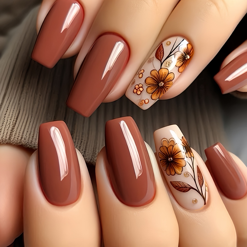 

24pcs Autumn Sunflower Leaves Press-on Nails Set, Medium Length, Amber , Removable Nail Art Tips With Jelly Glue & Nail File Included